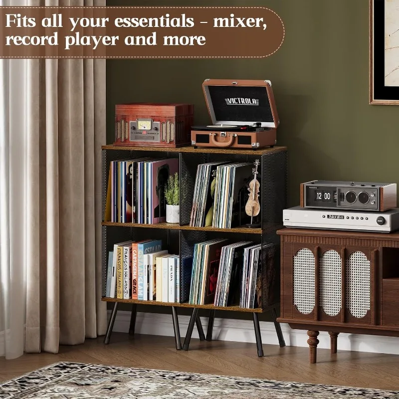 Vinyl Record Storage Rack 2-Tier with Adjustable Dividers - Retro Storage Box for Classical Music, Home Decor for Living Room view 4