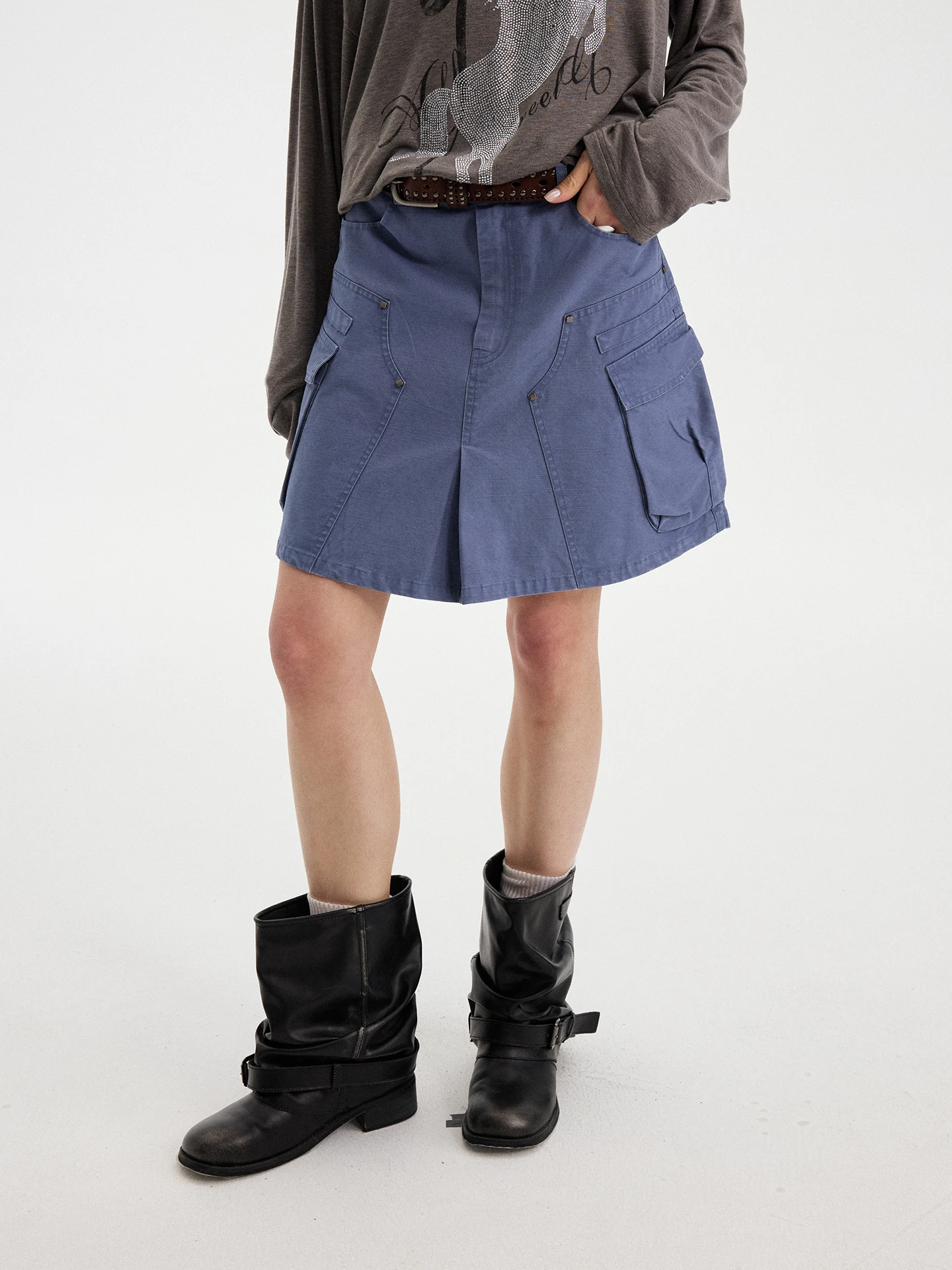 DIDDIMODA A-Line Work Skirt Coffee Short Women's Summer 2026 New Large Pocket Washed Cotton Midi Skirt Ladies' Fashion