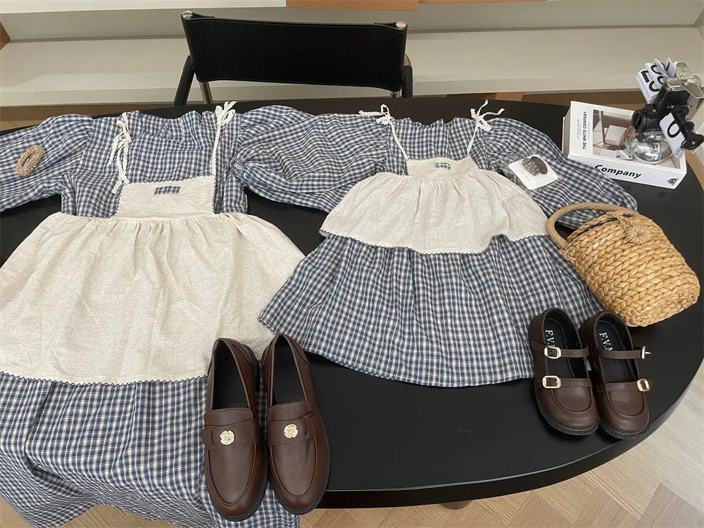 Family Matching Clothes Spring Autumn Plaid Dress Mother Daughter Sweet Vest + Dress 2PCS/SET Kids Girl Dress Set