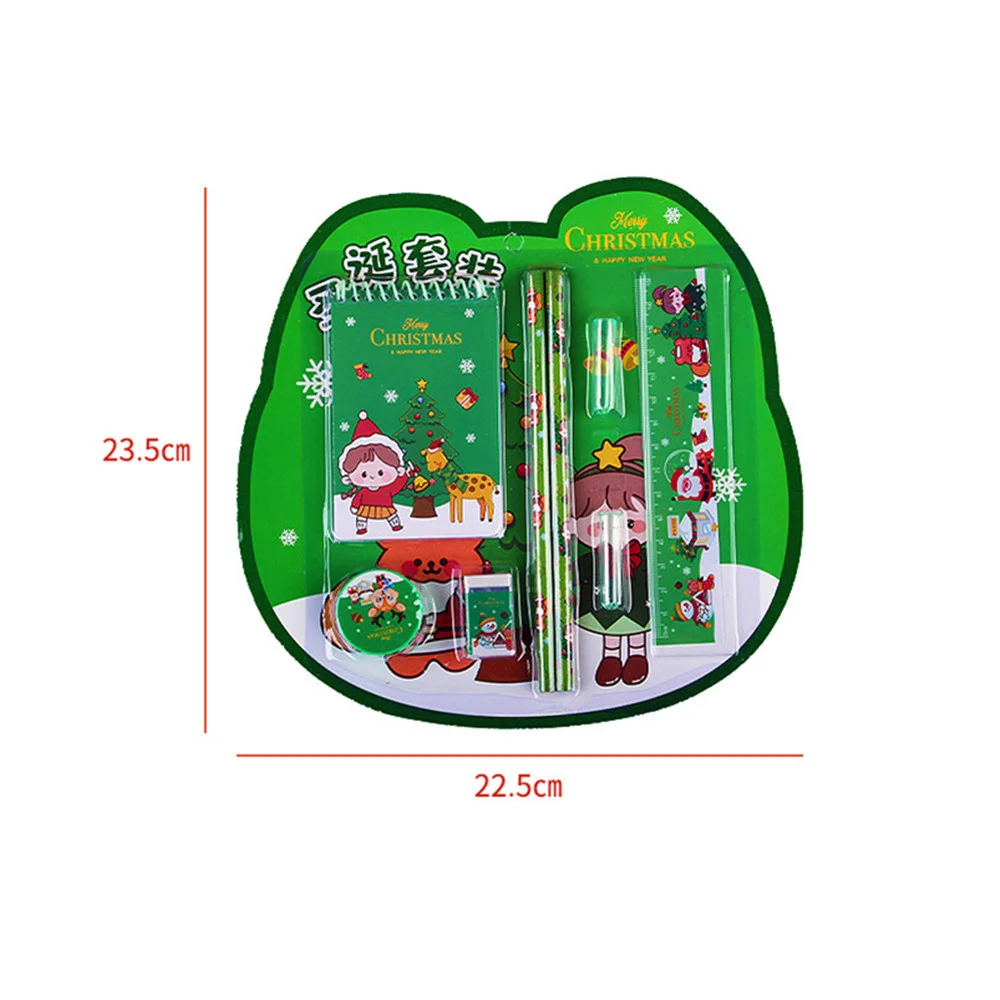 8pcs/Set Christmas Series Kids Stationery Students Ruler Pencil Eraser Pencil Sharpener Notepad Kit School Rewards Supplies