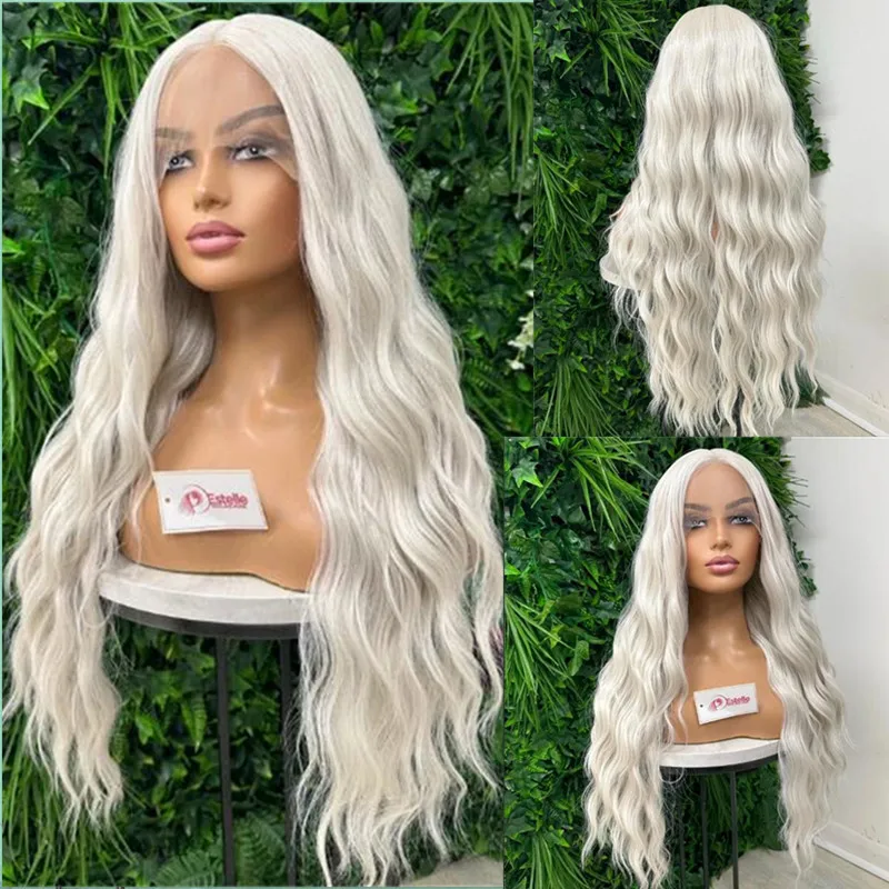 Silver White Blonde Loose Deep Wave Synthetic Lace Front Wig Glueless Wigs Ready to Wear Long Icy Wig for Women High Heat Fibre