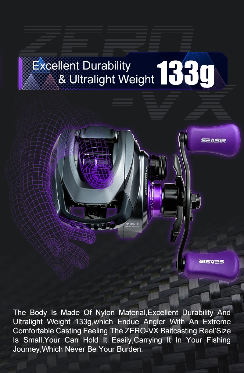 Seasir ZERO-VX 133 g BFS Baitcasting-Angelrolle, ultraleicht, 7,6:1 Übersetzungsverhältnis 6+1BB, maximale Zugkraft, 4 kg, Frisch-Salzwasser-Angelspule – Detail 2