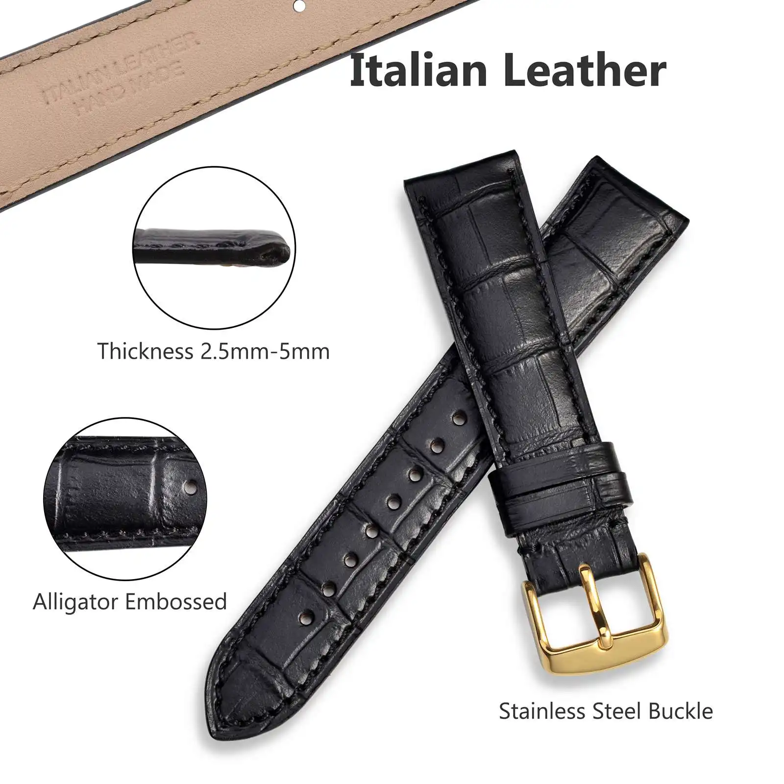 BISONSTRAP Leather Watchband 14mm 18mm 19mm 20mm 21mm 22mm Alligator Embossed Watch Strap Gold Buckle Men Women Bracelet Strap