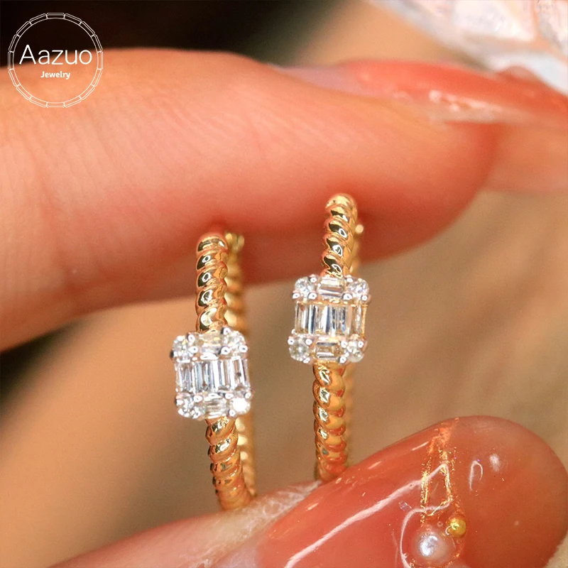 Aazuo 18K Yellow Gold Real Diamond 0.16ct Jewerly Set Fried Dough Twists Square Earring Gifted For Women Engagement  Party Au750