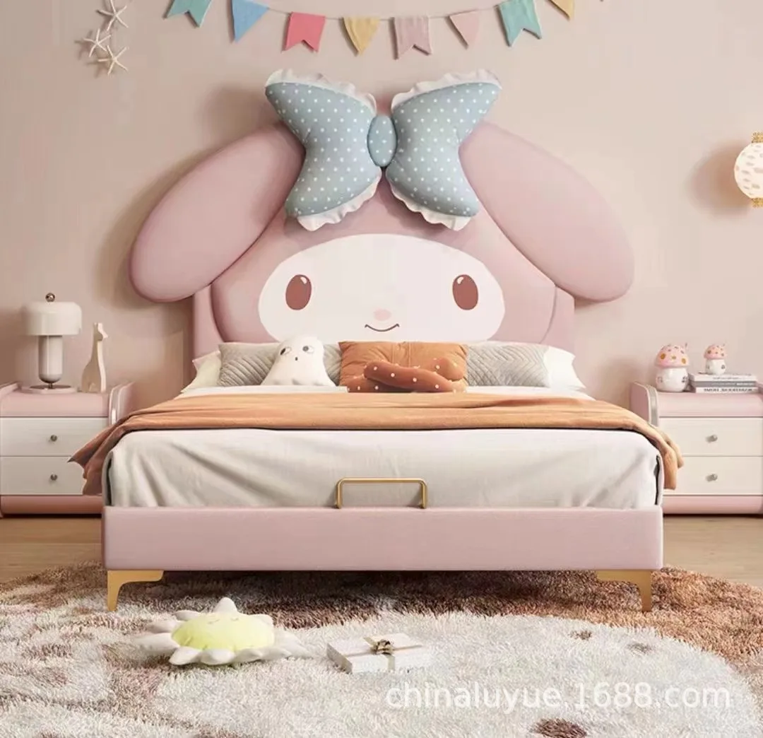 Cute children\'s cartoon Internet celebrity bunny girl princess solid wood single girl pink leather upholstery bed