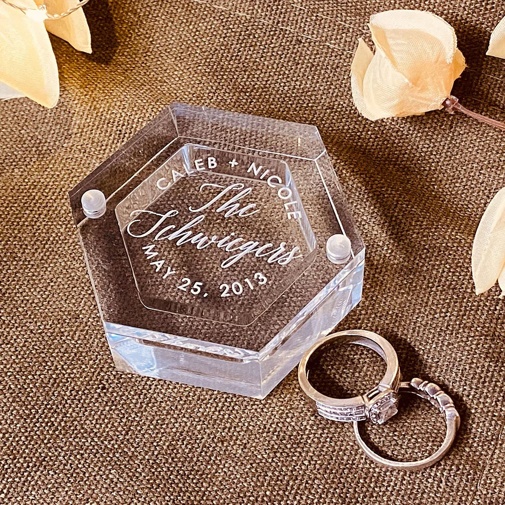 Personalized Wedding Acrylic Clear Hexagon Ring Box Custom Names and Date Ring Holder Anniversary Bridal Shower Proposal Gift