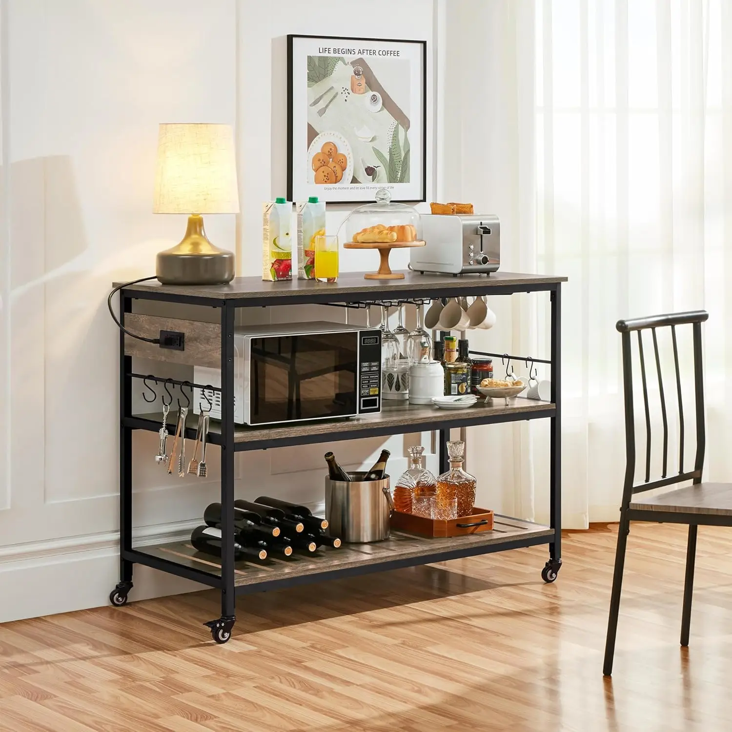 Kitchen Cart with Power Outlet, Rolling Kitchen Island on Wheels with Glass Holder & Hooks, Utility Trolley Cart Coffe