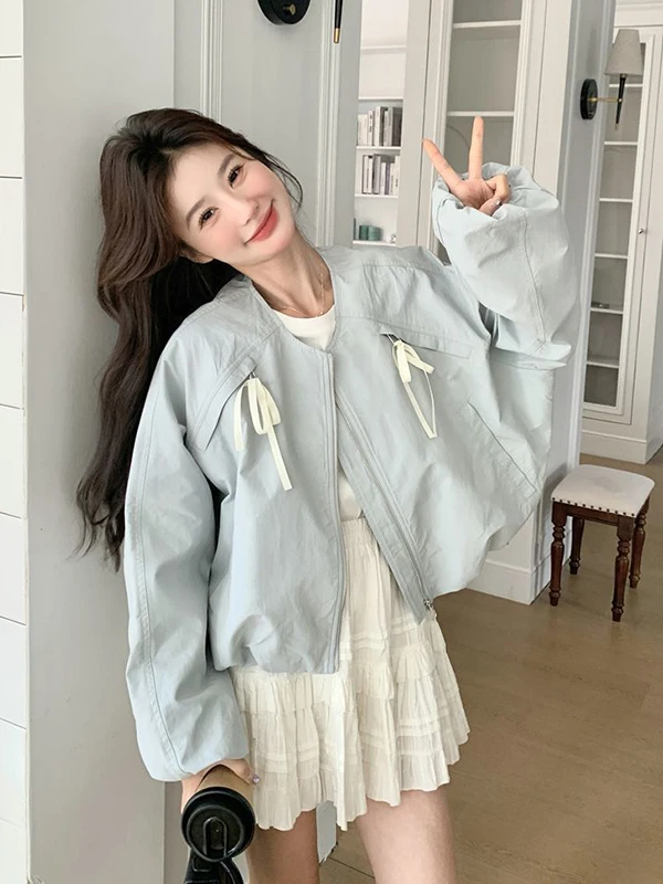 

Женская свободная куртка больших размеров с узлом и молнией, весенняя повседневная верхняя одежда в корейском стиле, дизайн Sweet Sle Design 300 Pou