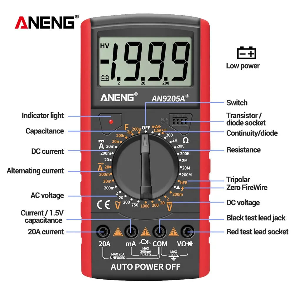 ANENG DT9205A+ Digital Multimeter AC/DC Profesional Transistor Tester Electrical Multimetro NCV Test Meter Auto Range Ture RMS