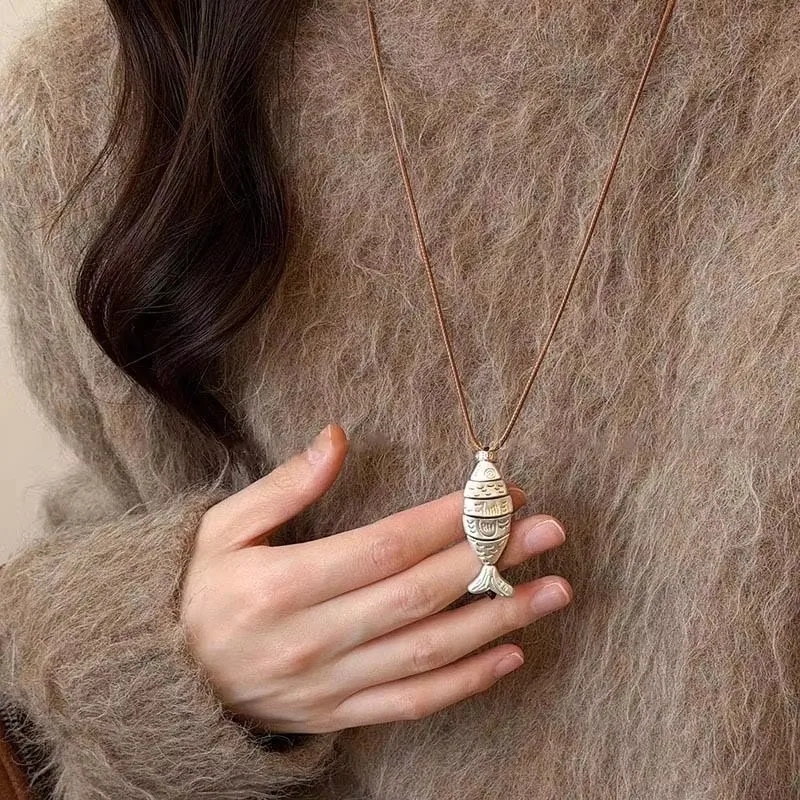 Bohemian Metal Small Fish Pendant Necklace For Women Men Vintage Brown Leather Rope Long Adjustable Charm Necklace Jewelry