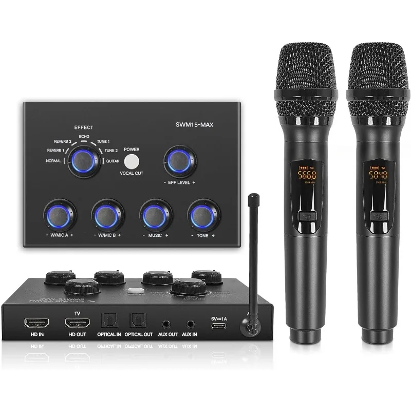 

16-канальный беспроводной микрофон Караоке-микшер с 2 беспроводными микрофонами, HD ARC, оптическим (Toslink), AUX