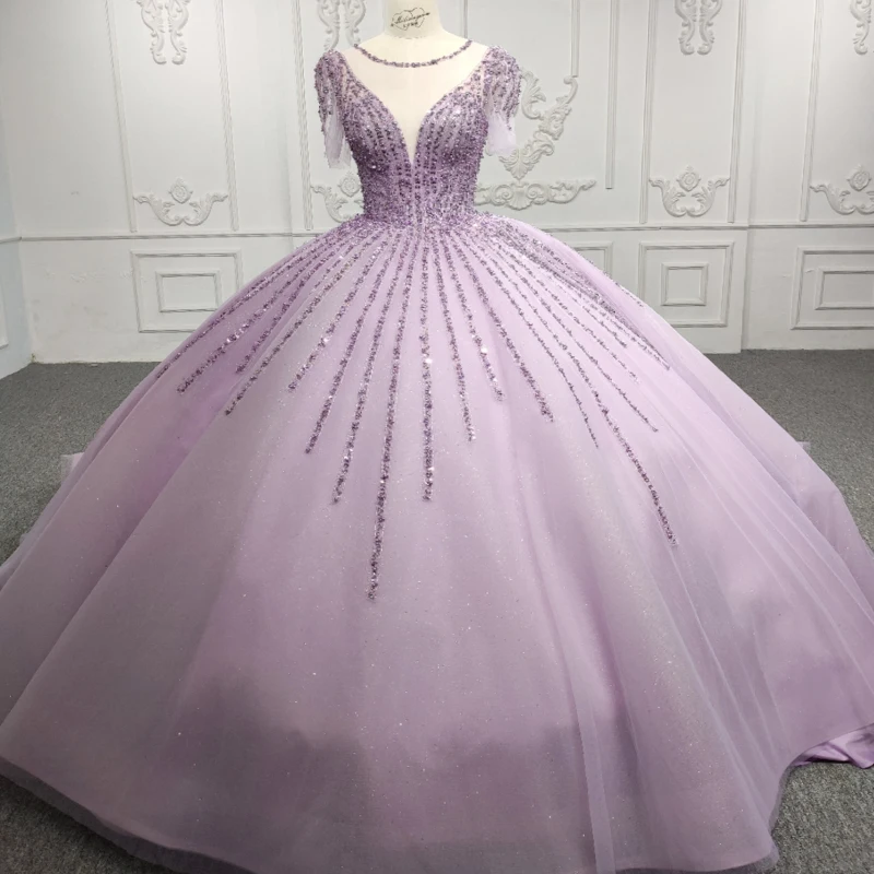 جانسيمبر الأميرة بسيطة Quinceanera Drss الأرجواني الأورجانزا مع الترتر س الرقبة قصيرة الأكمام الطابق حفل غريس Кунsenы DY9919