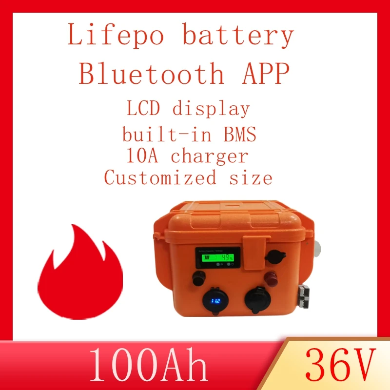 

Lithiumbattery Lifepo4 , vélo UPS, scooter, bateau, charger 10A, 36V, 100Ah avec Bluetooth et BMS, tricycle électrique 3500W