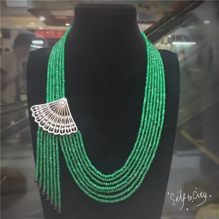 

20-25" 7 Strands Green Agate Necklace CZ Pave Connector