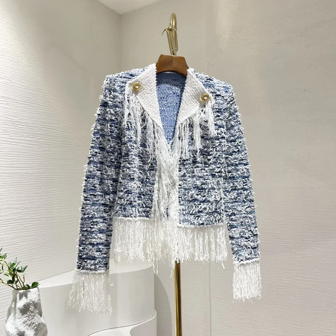 

2024 New Collection Women Blue Fringed Tassels Long Sleeves Knit Tweed Open Front Jacket