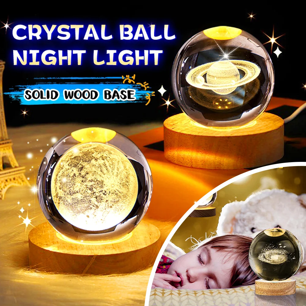 USB Night Light Crystal Ball LED Galaxy Children Night Lamp 3D Moon Planet Galaxy Astronaut Decor for Home Table Lamp Party Toys