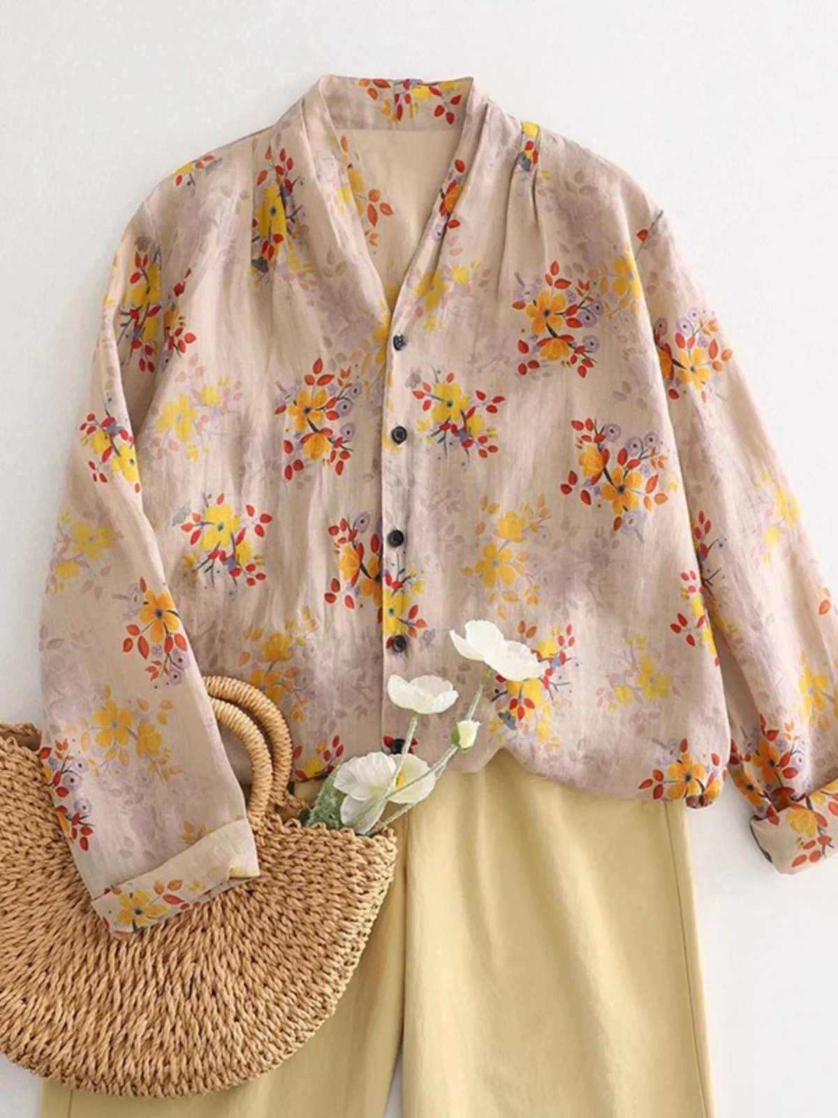 Leve estampa floral irt botão único v-ne longo sve casual primavera topo para mulheres plus size mistura de algodão confortável