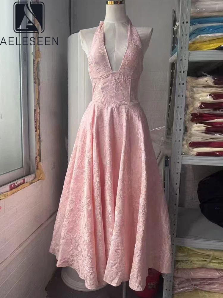 

AELESEEN Runway Fashion Summer Dress Women Sexy Halter Deep V-Neck Bow Bandage Flower Embroidery Slim Elegant Party Female