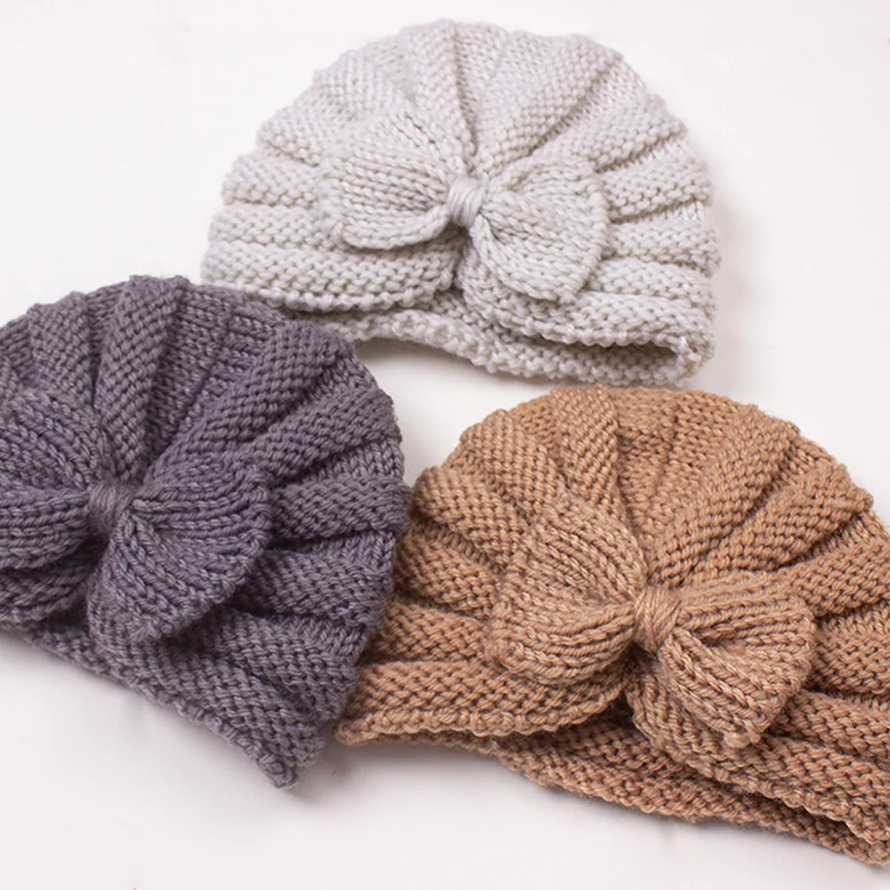 Bow Knit Baby Hat For Girls Boys Elastic Newborn Bonnet Autumn Winter Warm Turban Hats Solid Color Woolen Cap Kids Accessories