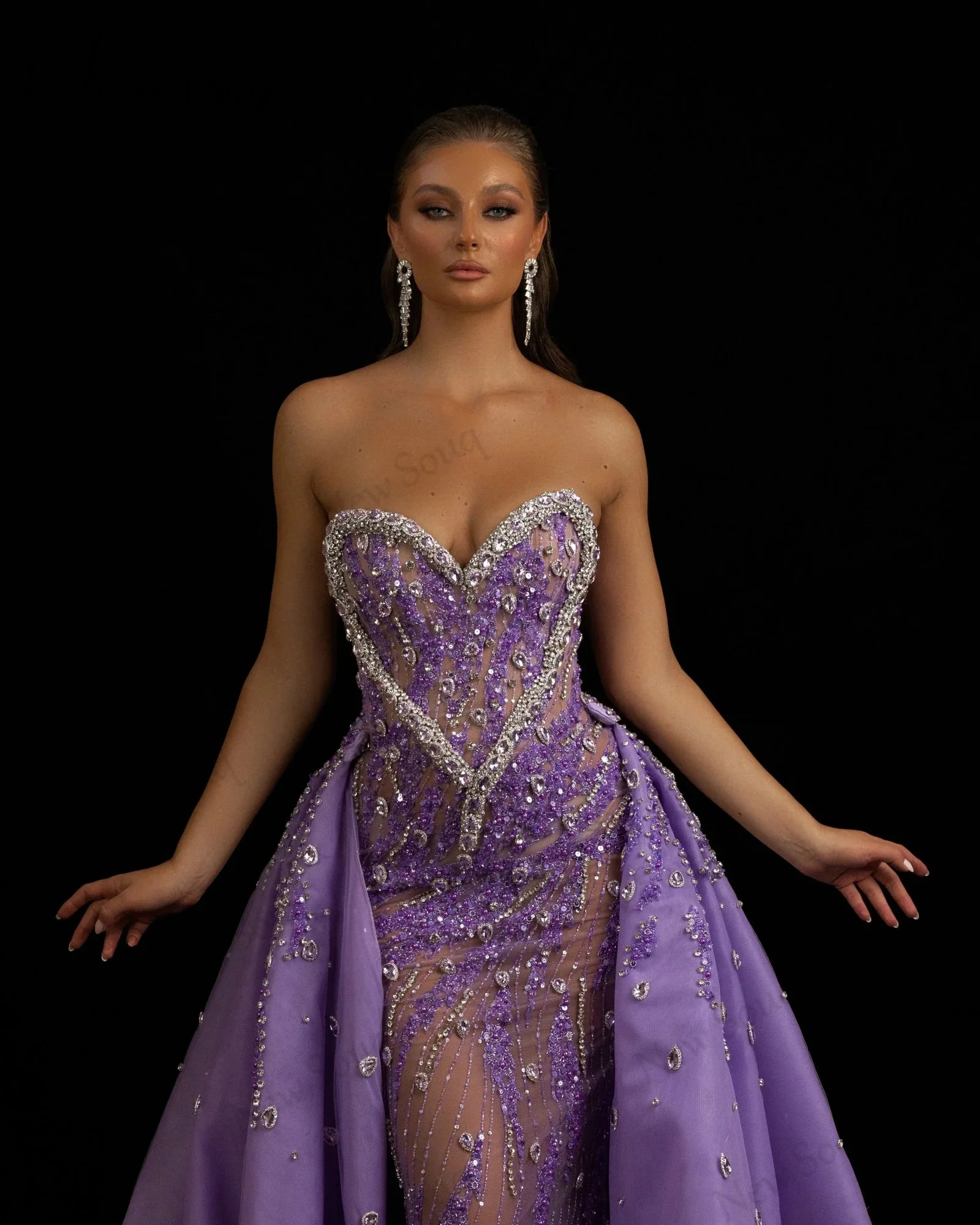 Purple Strapless Evening Dresses For Weddings Luxury Sequins Mermaid Prom Dress Detachable Skirt Arabic Dubai Beaded Party Gowns