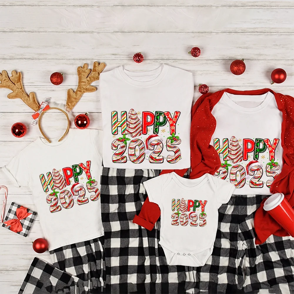 Happy Christmas 2025 Family Matching Tshirts Dad Mom Kids Tees Baby Bodysuits Christmas New Year Party Shirts Outfits