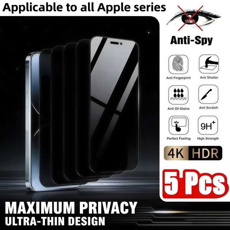 

5Pcs Anti-spy Tempered For IPhone17 16 15 14 13 12 11Pro Max Full Cover Privacy Screen Protector For IPhone X XS Max XR Glass