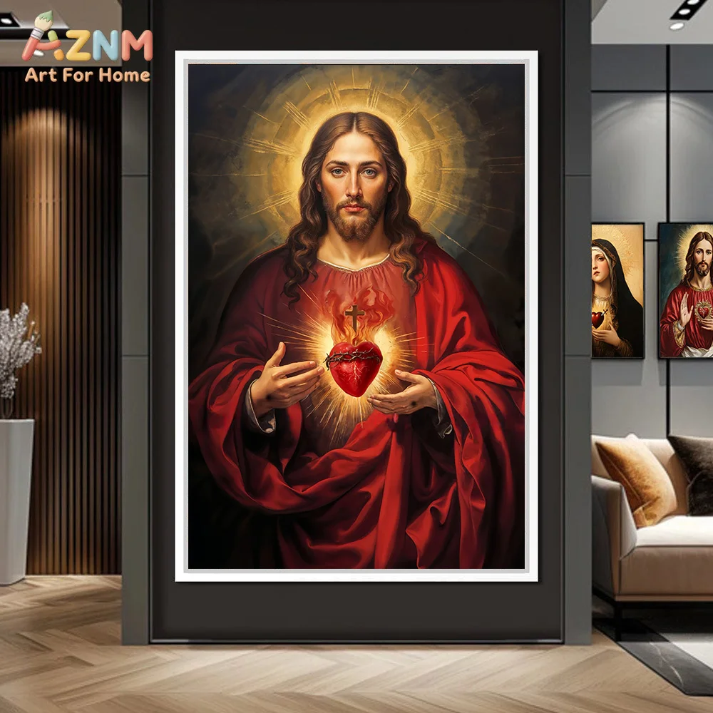 AZNM Catholic Sacred Heart of Jesus Virgin Mary Unframed Canvas Wall Art Print Religious Oil Painting Poster for Church Home Bed