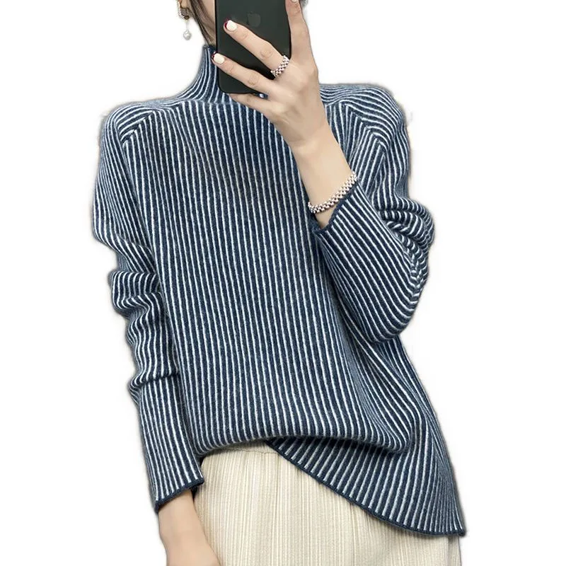 New Autumn/Winter Fashion Lazy Style Thickened Vertical Stripe Color Block Half High Neck Loose Versatile Slim Women\'s Sweater