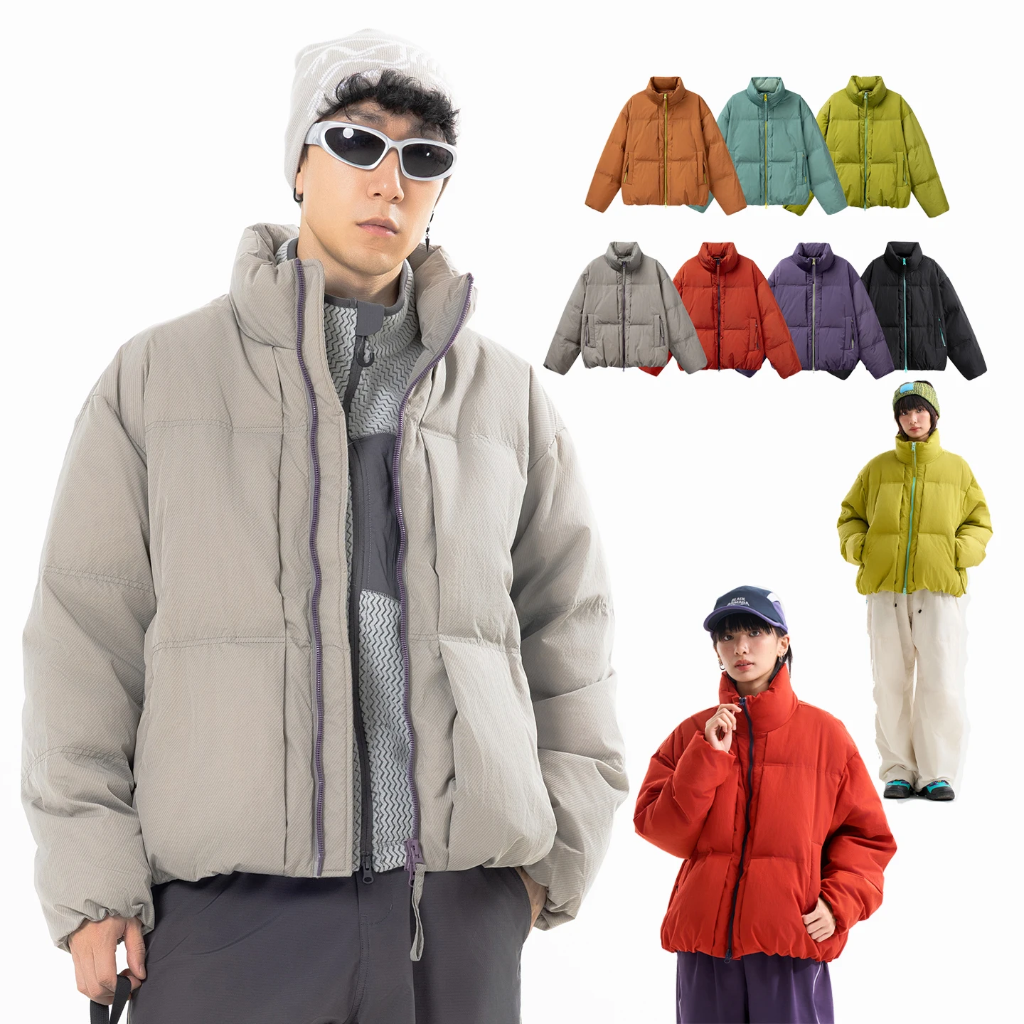 Unisex Short Stand Collar White Duck Down Jacket Loose Puffer Coat Street Style Winter Warm Outerwear Zip Pockets Multi Color