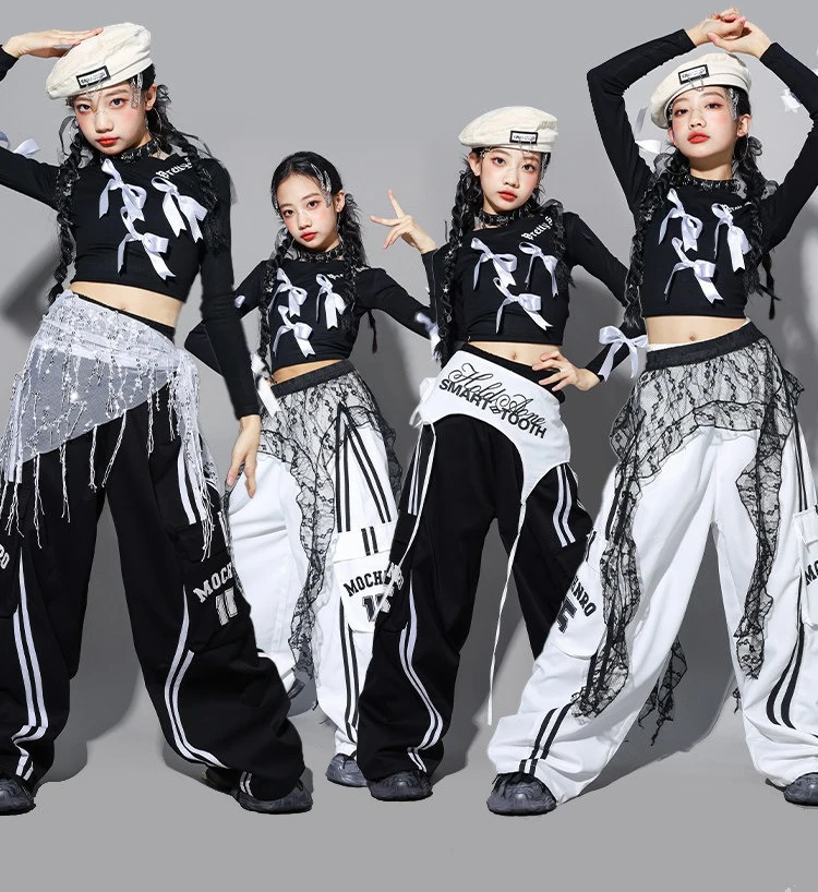 

Комплект одежды для девочек: укороченный топ с бантом в стиле K-pop, брюки карго, юбки для уличных танцев, детская одежда в стиле хип-хоп, уличная одежда для подростков, джазовый костюм для девочек-групп