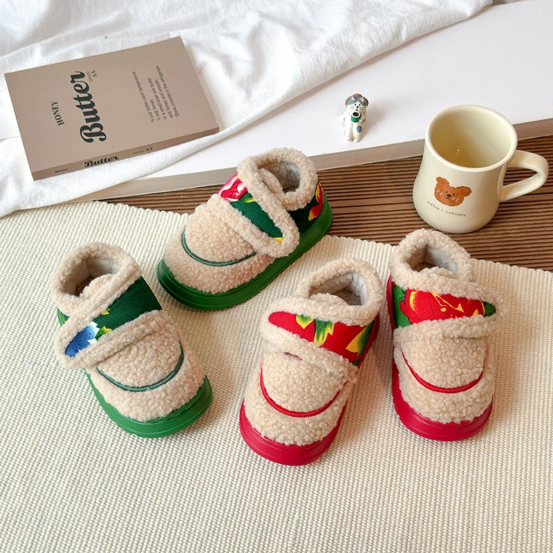 Boys Girls Faux Shearling Casual Shoes with Floral Print 2025 New Kids Winter Shoes Soft Sole Versatile Chic School Daily Wear