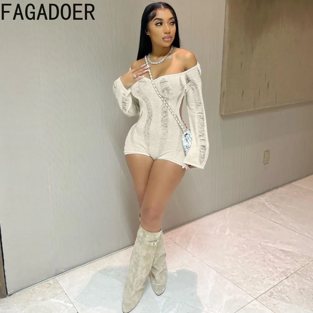 FAGADOER Fashion Knitting Hollow Out Backless Bodycon Rompers Women Off Shoulder Long Sleeve Lace Up Jumpsuits Female Overalls