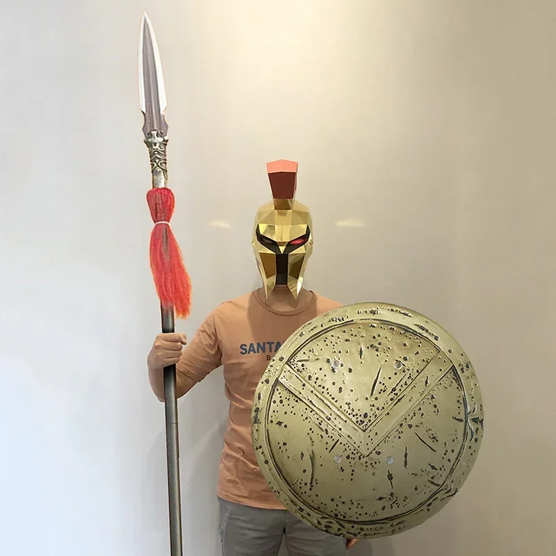 Modello di carta maschera per casco guerriero spartano dorato, dimensioni ridotte, cosplay per feste in costume 3D Papercraft, artigianato fai da te fatto a mano RTY149