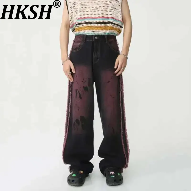 

HKSH Men's Streetwear Spring Summer New Casual Tide Jeans Ragged Edge Loose Drag Tie Dyed Denim Pants High Street Vintage HK0183
