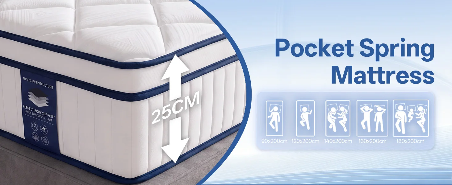 7-Zonen Taschenfederkernmatratze Neuheit 90/120/140x200cm 25cm Atmungsaktiv & Feste Unterstützung Bewegungsisolations-Design Perfekt für Schlafsaal, Gästezimmer & Schlafzimmer – Detail 7