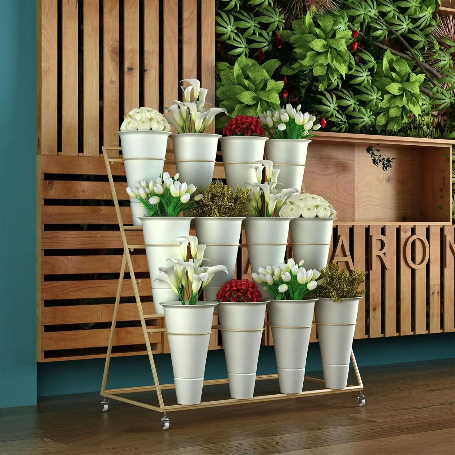 3 Tier Metal Flower Display Stand Frame with 12pcs Buckets, Flower Plant Cart Display Stand with Wheels Heavy Duty Moving Flower image 2