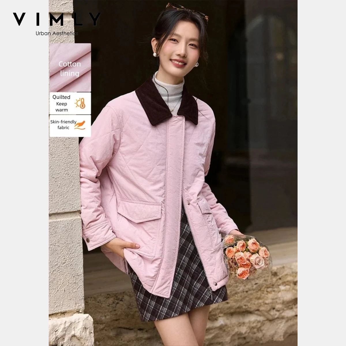 VIMLY موضة أبلى للنساء 2025 التلبيب طوق التباين اللون مبطن سميكة سترة فضفاضة تناسب المرأة الشتاء سترة A3776