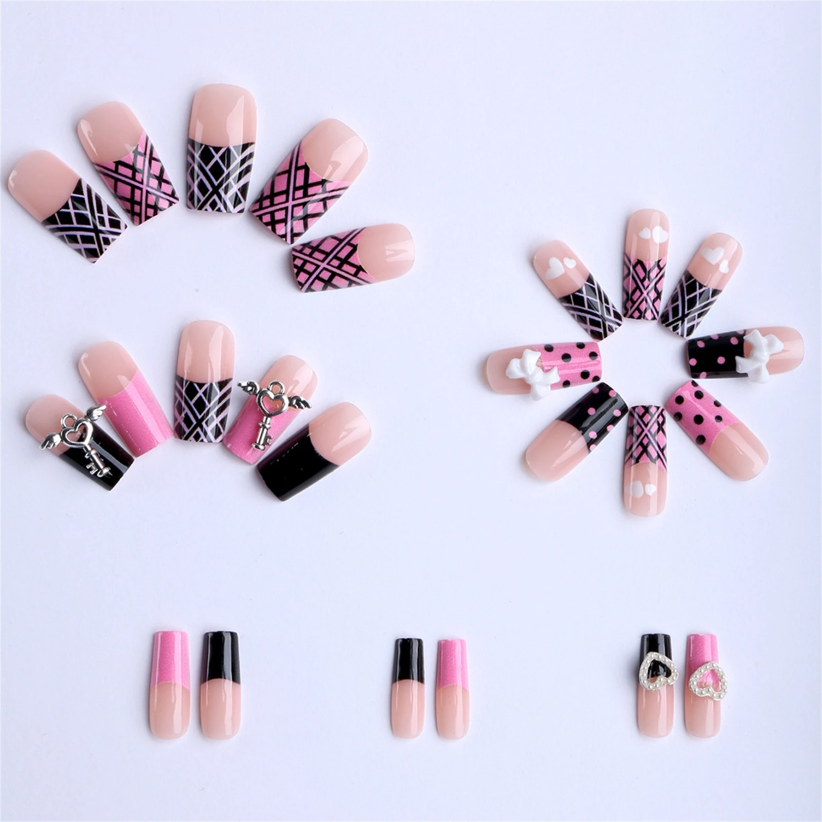 24pcs Y2k Sweet Cool False Nails 3D White Bows Metal Heart Keychain Decor Press On Nails Polka Dot French Spicy Girl Fake Nail