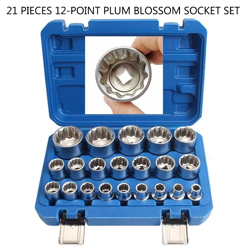 21-Piece Set Of Plum Blossom Socket Set 12-Point 1/2 Inch Small Wind Gun Socket Head 8-36mm Plum Blossom Socket Head Metric Set