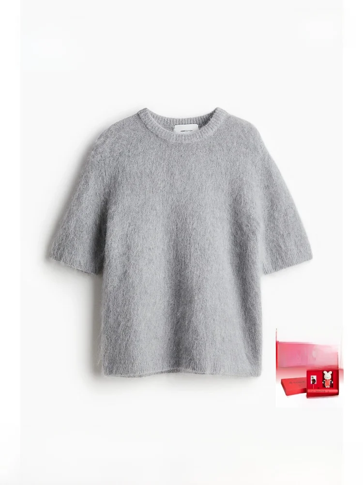 

Мягкий круглый трикотажный топ с коротким рукавом в рубчик для женщин, модный, весенний, повседневный, из смесовой шерсти меланжевого цвета, H&M 289