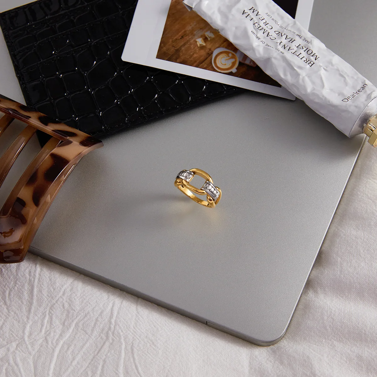 Ars نغمتين 18K مطلية بالذهب خواتم للنساء الفولاذ المقاوم للصدأ حلقة بيان حلقة لا تشويه الحد الأدنى خواتم الاصبع اليومية #4