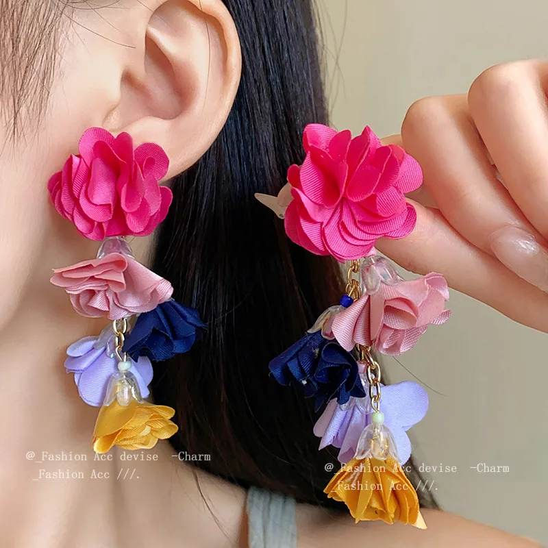 Fabric Flower Earring Vacation Style Long Fashionable Earrings for Women