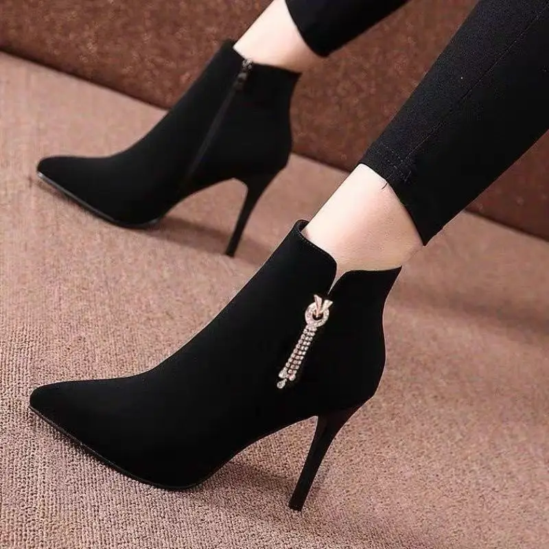 Women's Ankle Boots Sexy Pointed Toe Booties Black Female Short Shoes Very High Heels Heeled on Offer Autumn Chic and Elegant Pu