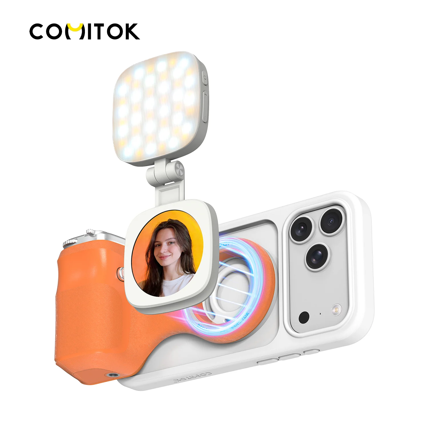 

COMITOK MOCA ARCO Magnetic Camera Grip for iPhone Detachable Remote Handle Vlog Recording Selfie Holder Compatible iOS 17/18/26