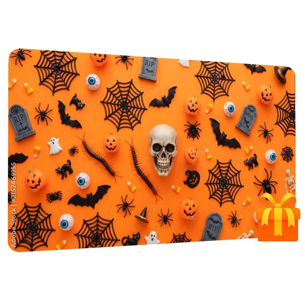Halloween Pumpkin Spider Web Skull Pattern Large Desk Mat, Non-Slip Rubber Base Extended Gaming Mouse Pad