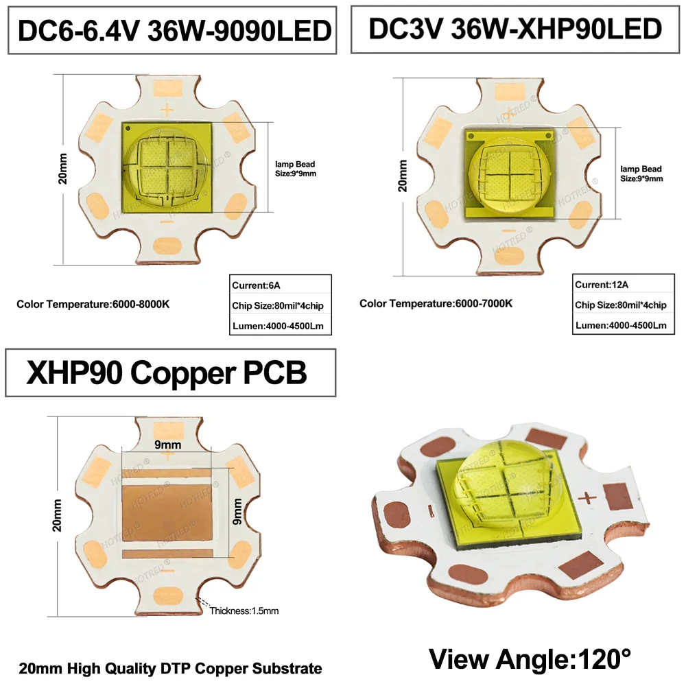 DC3V/6V/9V XHP90 LED High Power 9090 SMD Chip Bead 36W 45W 50W 6A 9A 12A 16A  Cold White Car Head/Flashlight Diving lamp Source
