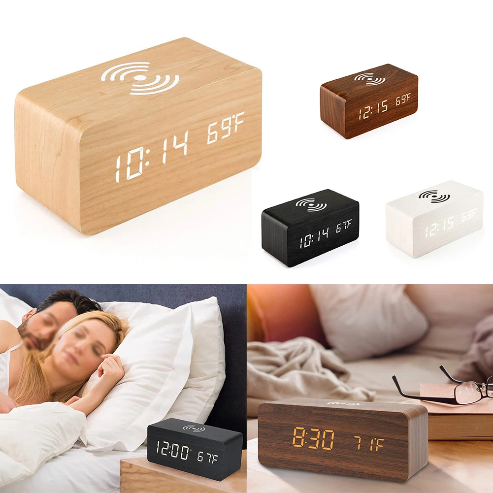 

1pc LED Wooden Alarm Clock Smart Alarm Clock For Bedroom Bedside Table Electronic Desktop VoiceControl Table Digital Clock Decor