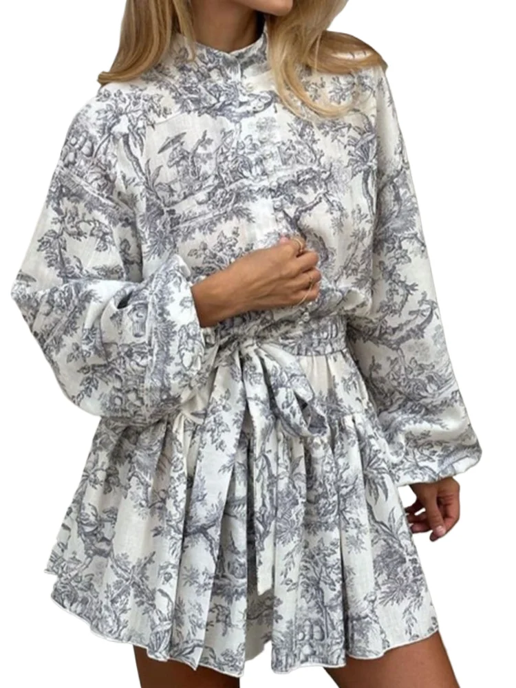 

Fashion Print Mini Dress For Women Casual Long Sleeve High Waist Lace-up Loose Dresses Lady Holiday Party Women's Clothing New