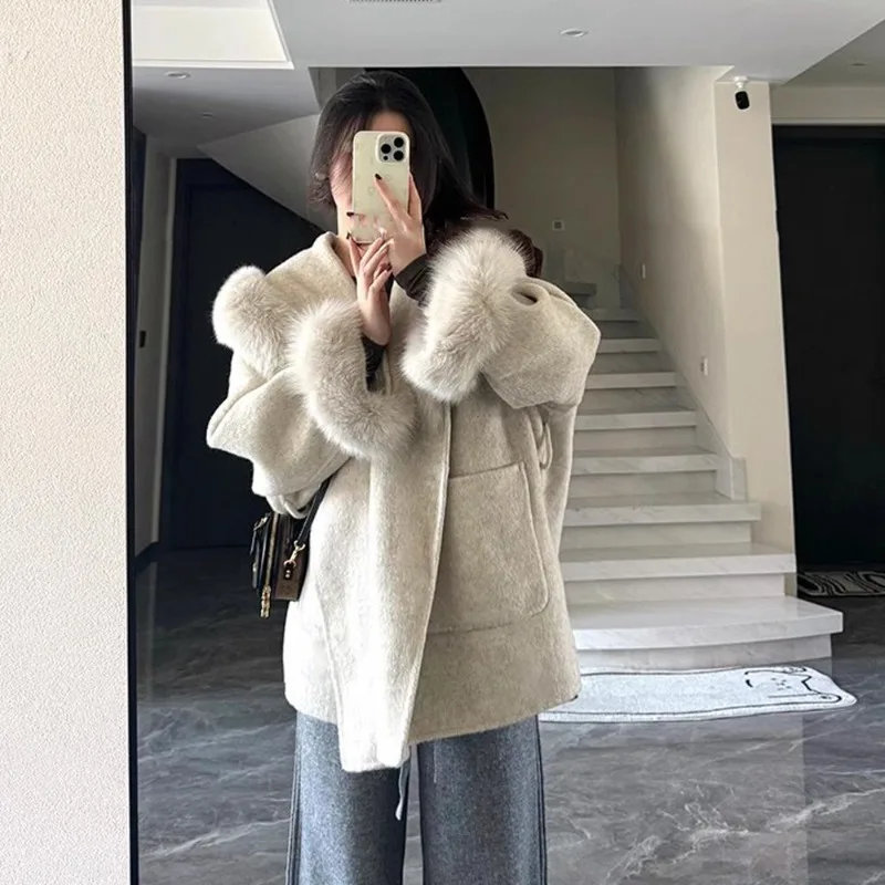冬の韓国ファッション Y2k シックな女性のコート暖かい厚みのあるグレーの毛皮の襟ポケット付きウインドブレーカートレンチコート女性服