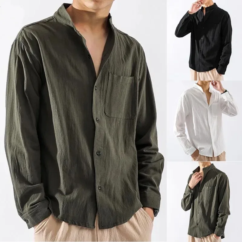 Chemise boutonnée à col montant pour hommes, chemise à manches longues, manteau mince, blanc, noir, décontracté, confortable, beau, mode, printemps